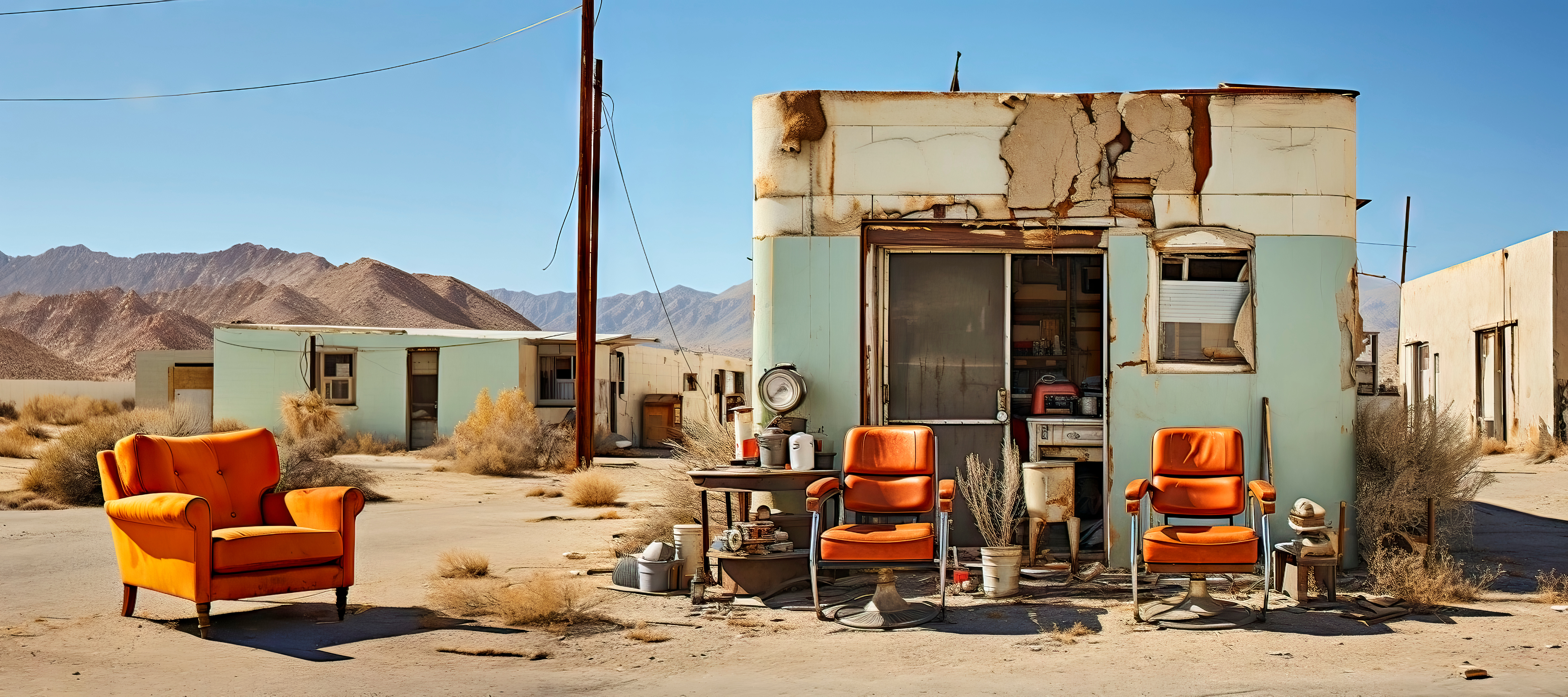 Abandoned Small Hair Salon with Weathered Facade and Outdoor Furniture in a Rocky Desert Landscape
