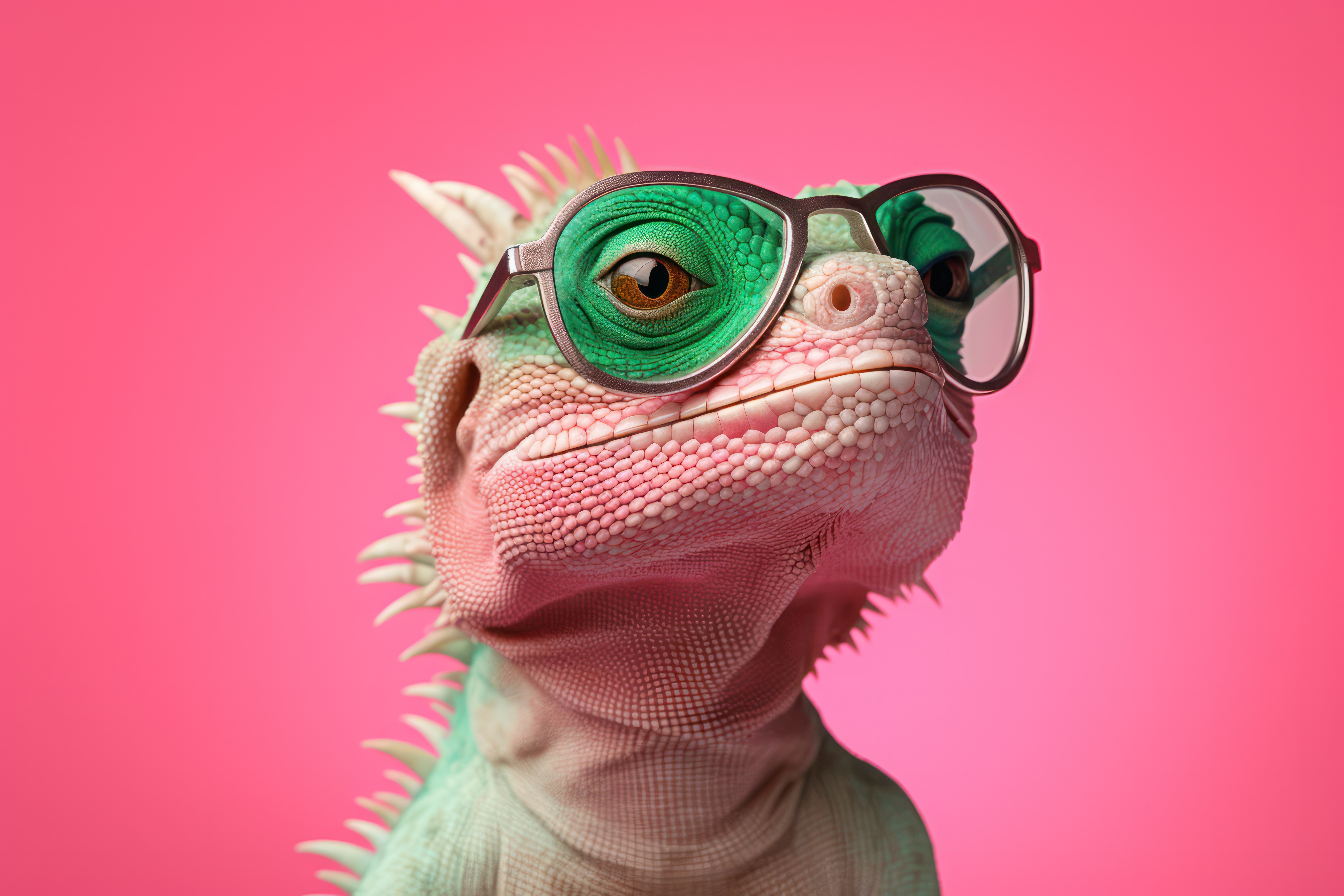 iconic chameleon lizard wearing sunglasses on pink background - creative optics eyewear salon banner with copy space. Fashion and accessories.